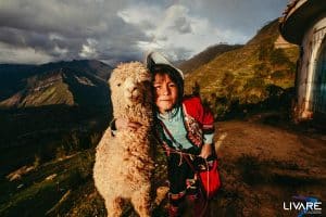 menino peruano ao lado de uma lhama no valle sagrado do incas