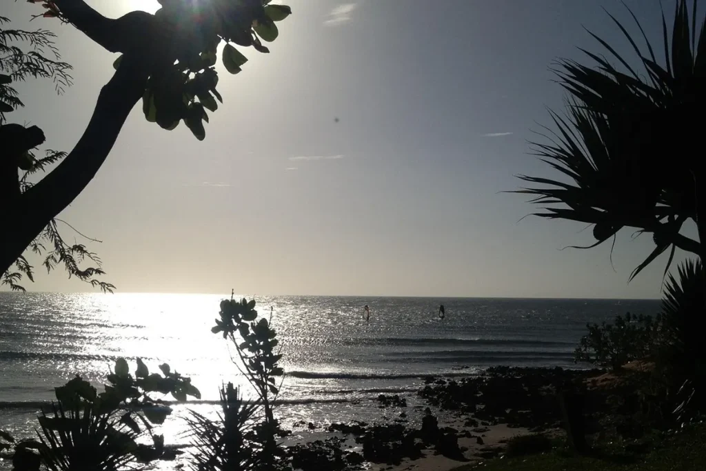 Vista do mar em Jericoacoara ao entardecer, com silhueta de árvores, praticantes de windsurf e o brilho do sol refletido na água.