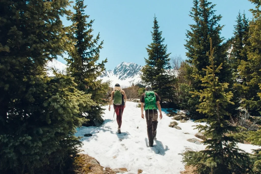 Duas pessoas fazendo trekking em trilha nevada com mochilas, cercadas por árvores coníferas e montanhas com picos nevados ao fundo.