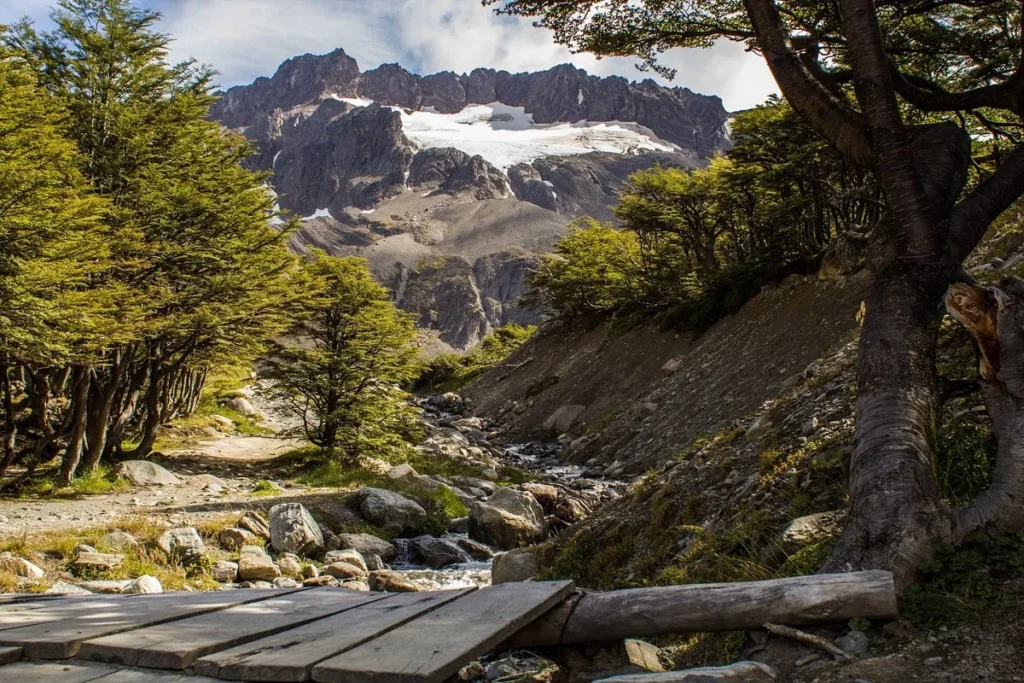 Grupo de turistas, incluindo um brasileiro em Ushuaia, em uma passarela de madeira com vista para um lago e montanhas nevadas.