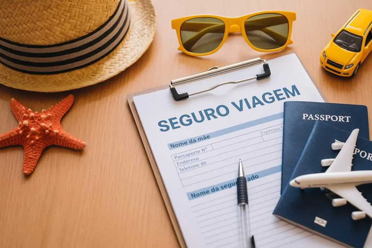 Passaportes, óculos de sol, chapéu de palha e um formulário de seguro viagem com caneta, em uma mesa de madeira, ilustrando o planejamento de uma viagem.