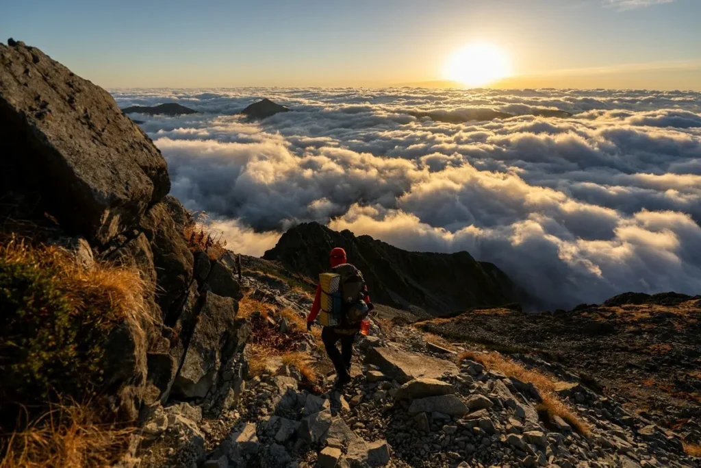 Trilheiro em uma montanha rochosa com o sol nascendo acima de um vasto mar de nuvens, durante um trekking em alta altitude.