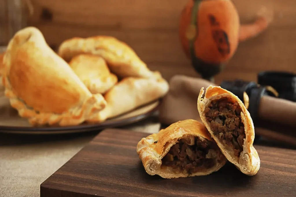 Empanadas argentinas frescas com recheio de carne, massa dourada crocante, sobre tábua de madeira escura, culinária Mercado San Telmo.