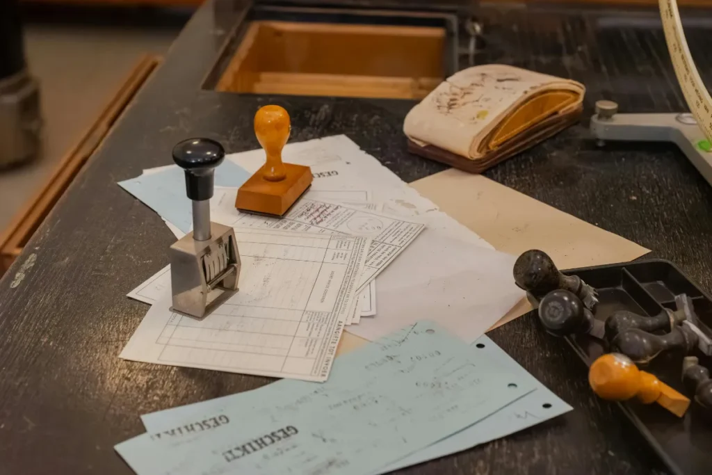 Mesa com papéis, carimbos e documentos de viagem usados na preparação de brasileiros para entrar na Argentina e visitar Bariloche.