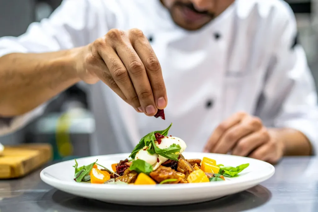 Chef finalizando prato com folhas e ingredientes frescos, representando preparo cuidadoso em restaurantes de Ushuaia
