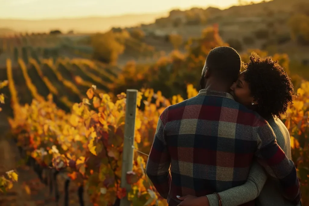 Casal abraçado em vinhedo ao entardecer observando paisagem durante visita a vinícola
