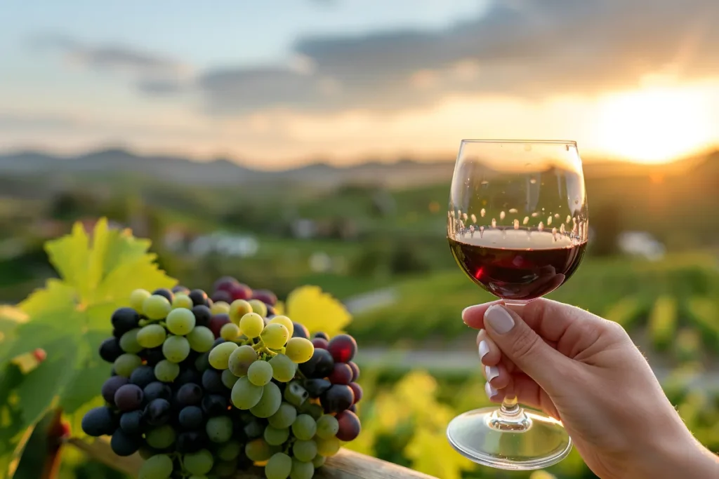 Taça de vinho sendo segurada com vinhedos ao fundo durante pôr do sol em vinícola próxima a Santiago