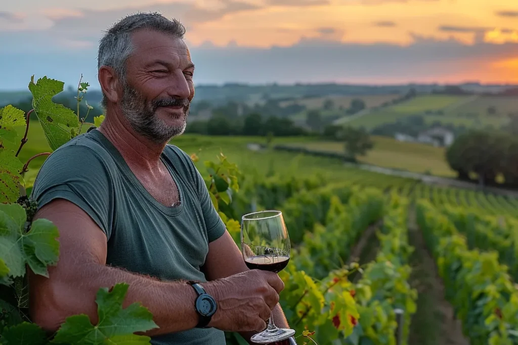 Homem segurando taça de vinho em vinhedo ao pôr do sol durante visita à vinícola