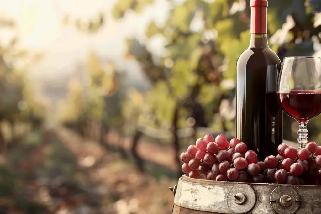 Garrafa de vinho e taça ao lado de uvas frescas em vinhedo com fileiras de parreiras ao fundo