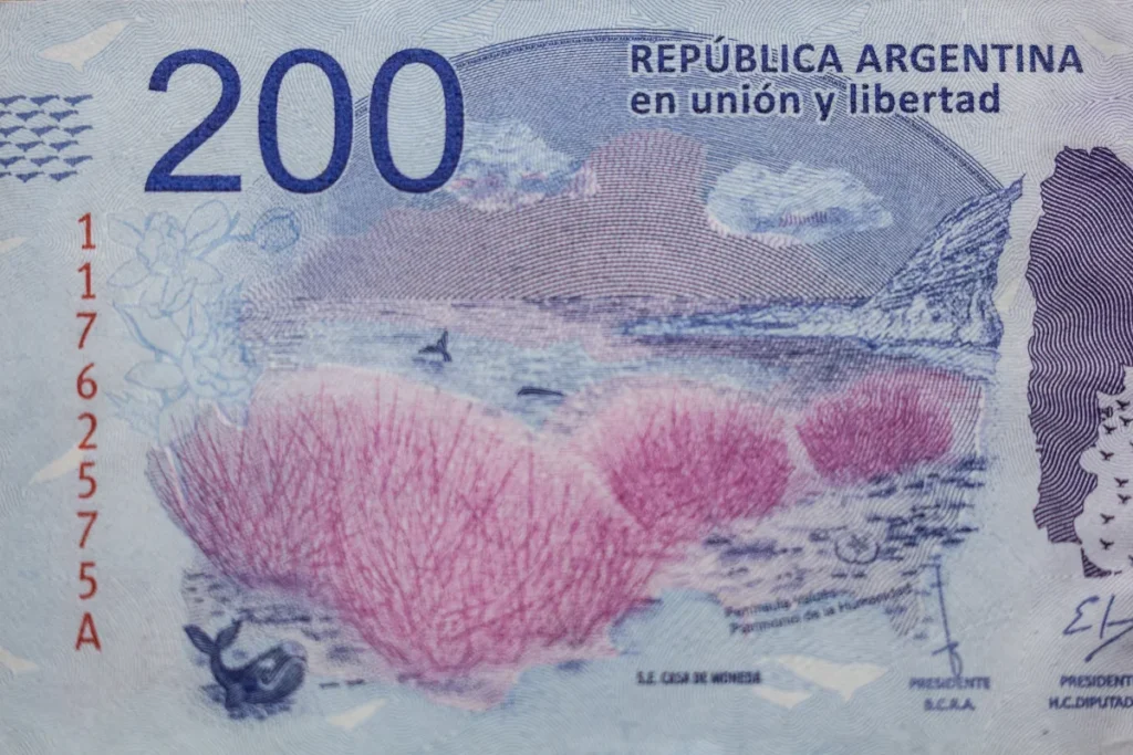 Cédula de 200 pesos argentinos com ilustração da fauna marinha, destaque para quem deseja conhecer a moeda da Argentina.