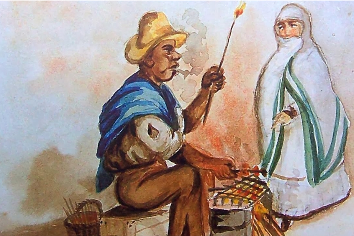 Aquarela de Pancho Fierro com vendedor de anticuchos em Lima em 1850
