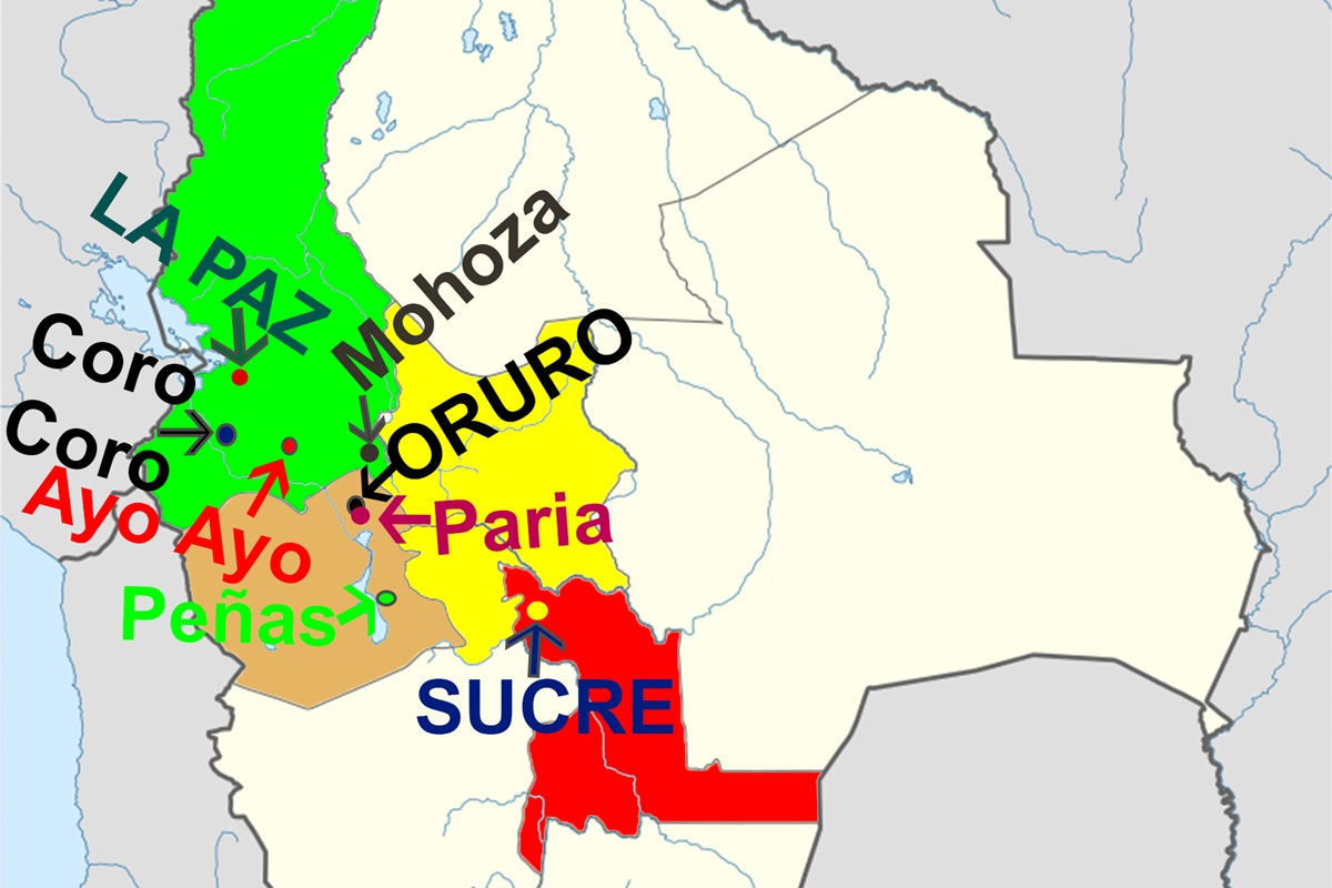 Mapa da Bolívia destacando La Paz e Sucre para comparar a capital constitucional e a sede do governo.
